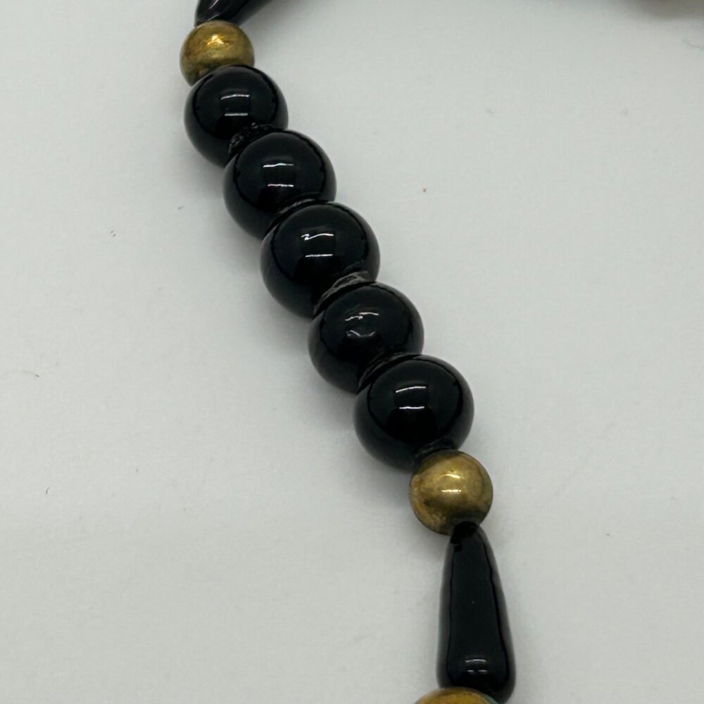 Vintage Glass Beaded Necklace Black Green Brass Accents Statement Long Art Deco - Picture 8 of 16